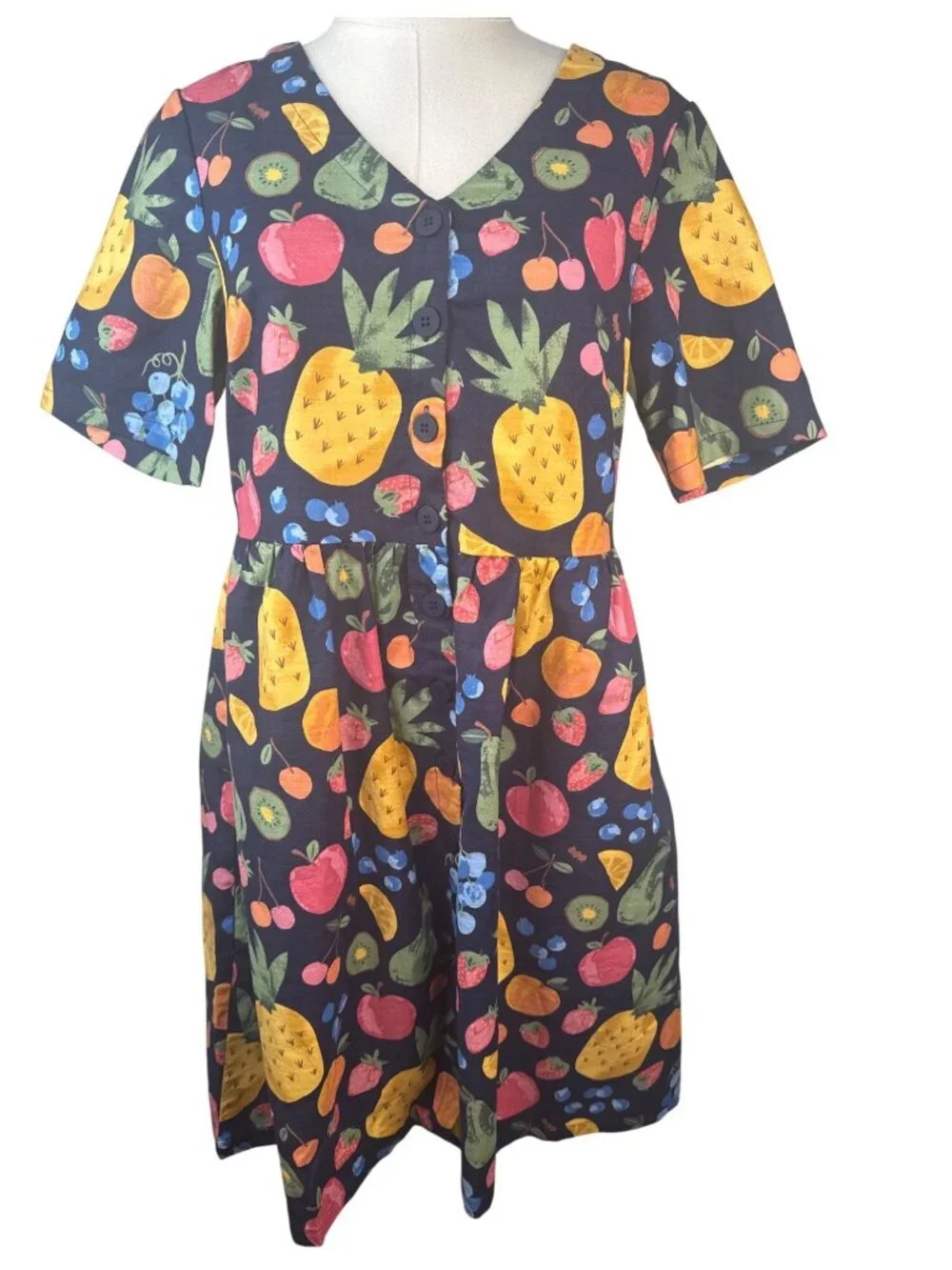 Princess Highway Size 6 Fruit Print Cotton Dress With V-Neckline & Button Front - Picture 2 of 16